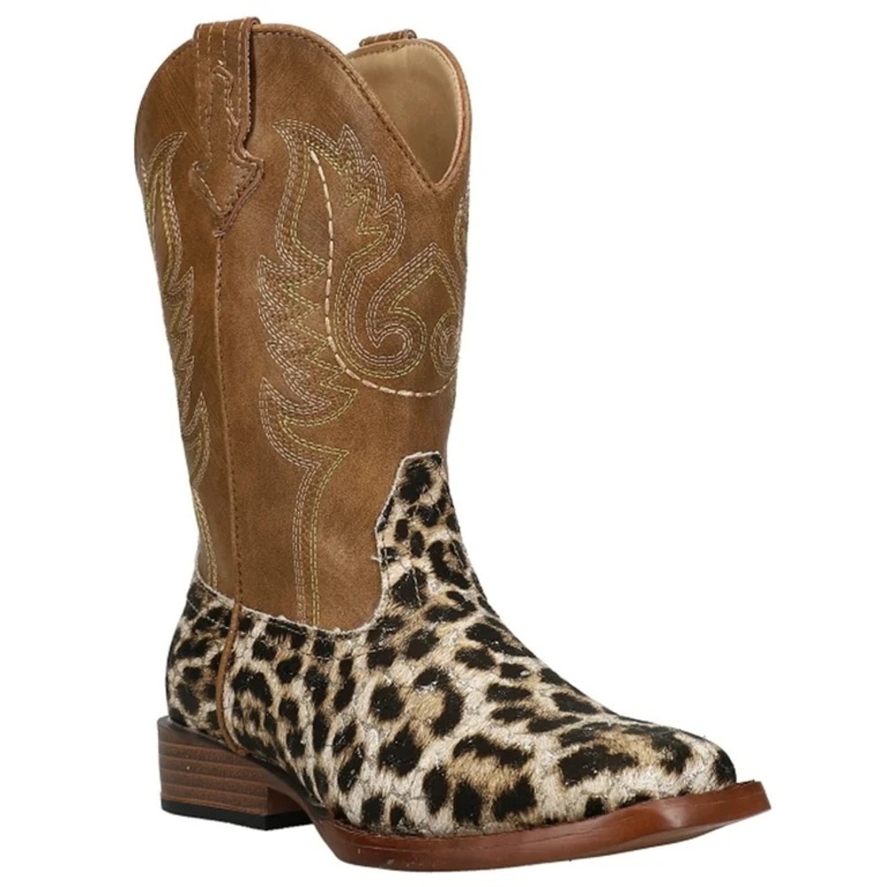 Roper Glitter Diamonds Cow Leather Square Toe Pull On Western Boots Girls Sz 2